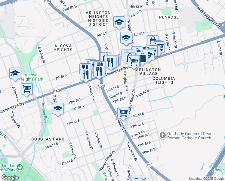 map of restaurants, bars, coffee shops, grocery stores, and more near 3208 12th Street South in Arlington