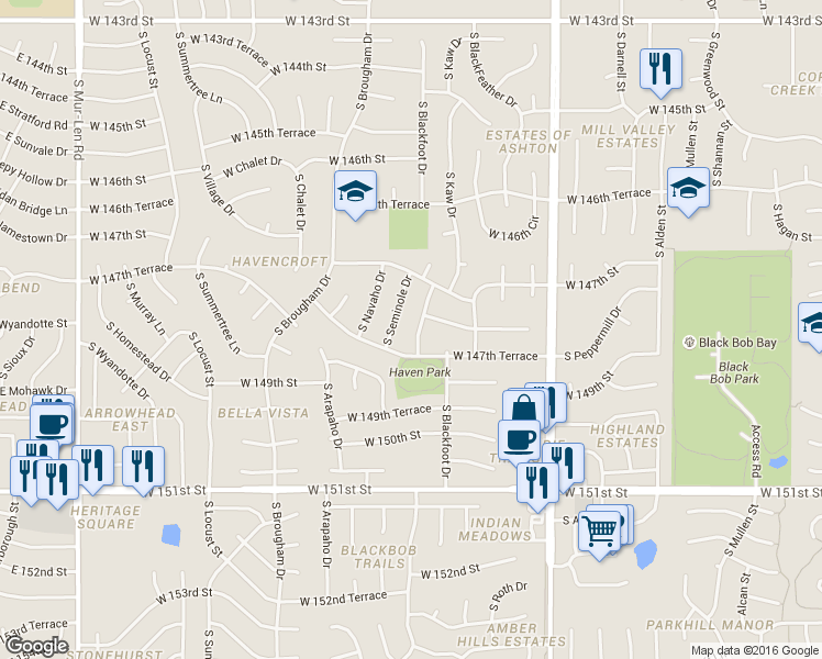 map of restaurants, bars, coffee shops, grocery stores, and more near 15650 West 147th Terrace in Olathe
