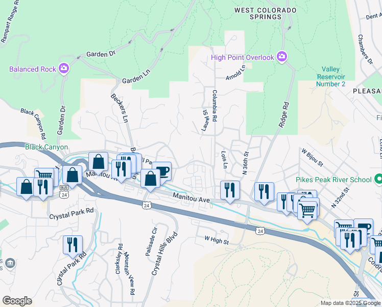 map of restaurants, bars, coffee shops, grocery stores, and more near 6 El Paso Boulevard in Colorado Springs