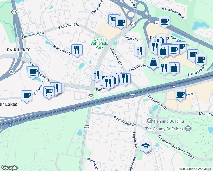 map of restaurants, bars, coffee shops, grocery stores, and more near 12381 Fair Lakes Parkway in Fairfax