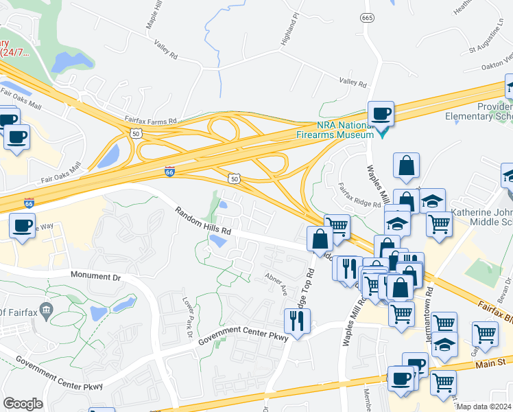 map of restaurants, bars, coffee shops, grocery stores, and more near 4027 Heatherstone Court in Fairfax
