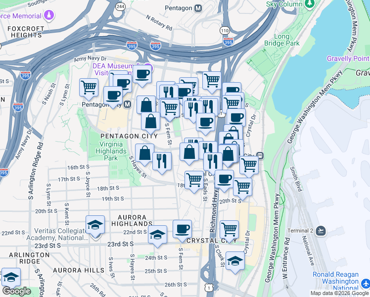 map of restaurants, bars, coffee shops, grocery stores, and more near 560 15th Street South in Arlington