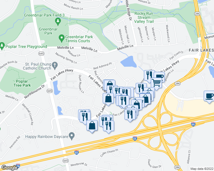 map of restaurants, bars, coffee shops, grocery stores, and more near 4679 Red Admiral Way in Fairfax