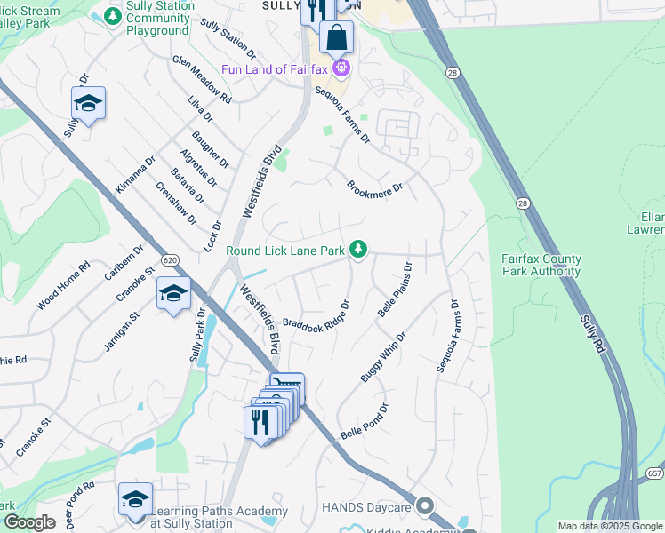 map of restaurants, bars, coffee shops, grocery stores, and more near 14405 Round Lick Lane in Centreville