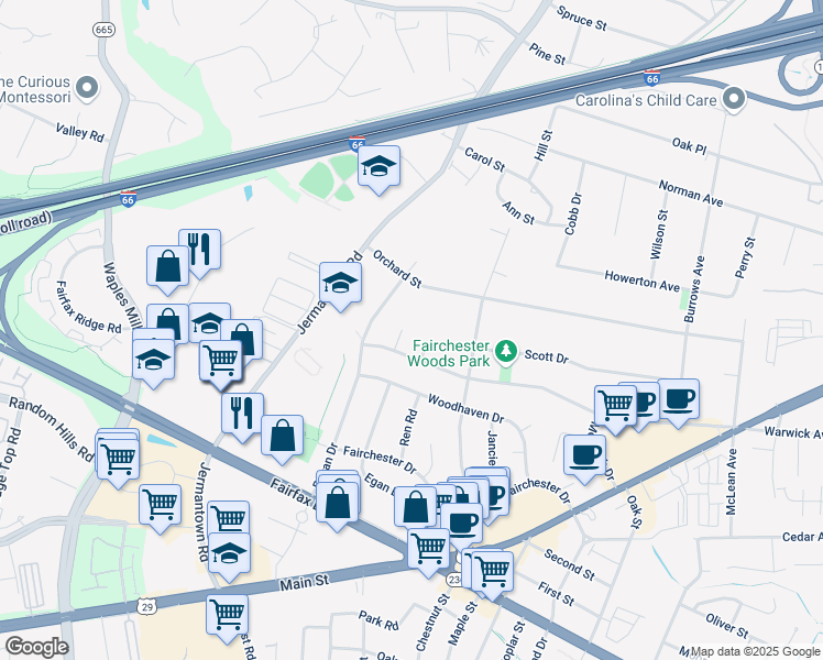 map of restaurants, bars, coffee shops, grocery stores, and more near 3723 Warwick Circle in Fairfax
