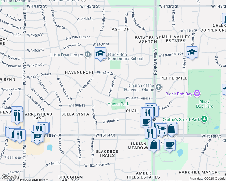 map of restaurants, bars, coffee shops, grocery stores, and more near 14709 South Seminole Drive in Olathe