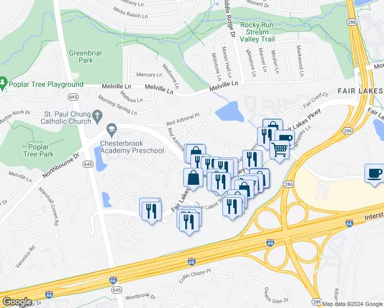 map of restaurants, bars, coffee shops, grocery stores, and more near 4679 Red Admiral Way in Fairfax