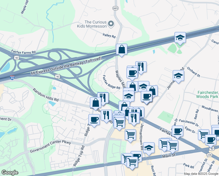 map of restaurants, bars, coffee shops, grocery stores, and more near 11377 Aristotle Drive in Fairfax