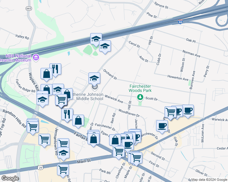 map of restaurants, bars, coffee shops, grocery stores, and more near 3723 Warwick Circle in Fairfax