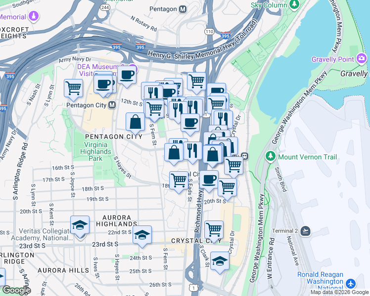 map of restaurants, bars, coffee shops, grocery stores, and more near S Eads St & 15th St S in Arlington