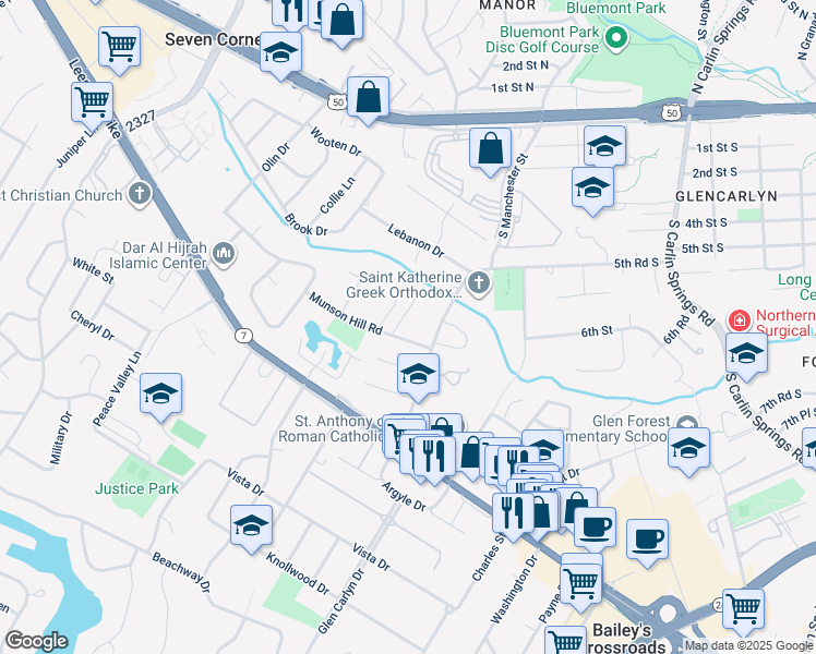 map of restaurants, bars, coffee shops, grocery stores, and more near 3221 Hallran Road in Falls Church