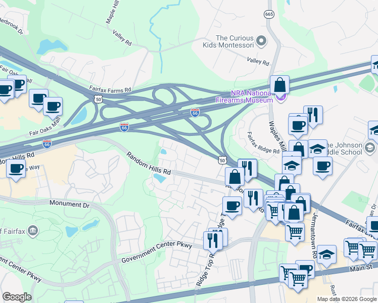 map of restaurants, bars, coffee shops, grocery stores, and more near 4021 Heatherstone Court in Fairfax