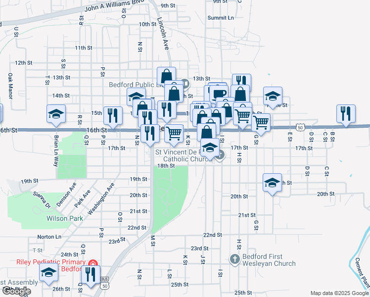 map of restaurants, bars, coffee shops, grocery stores, and more near 1030 16th Street in Bedford