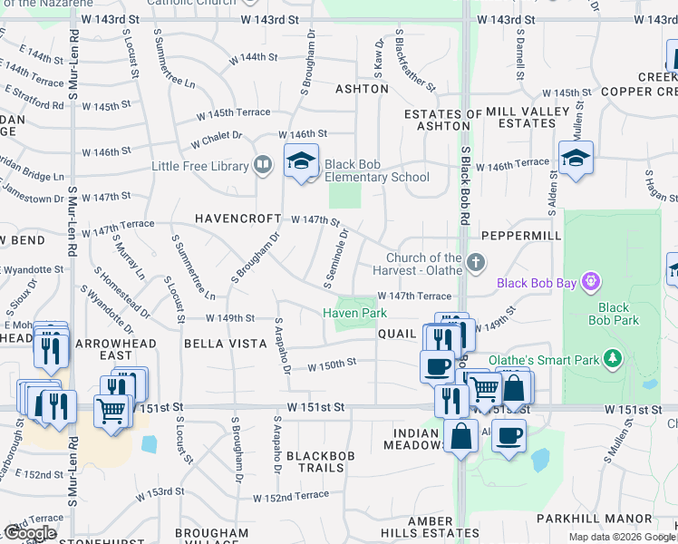 map of restaurants, bars, coffee shops, grocery stores, and more near 14709 South Seminole Drive in Olathe