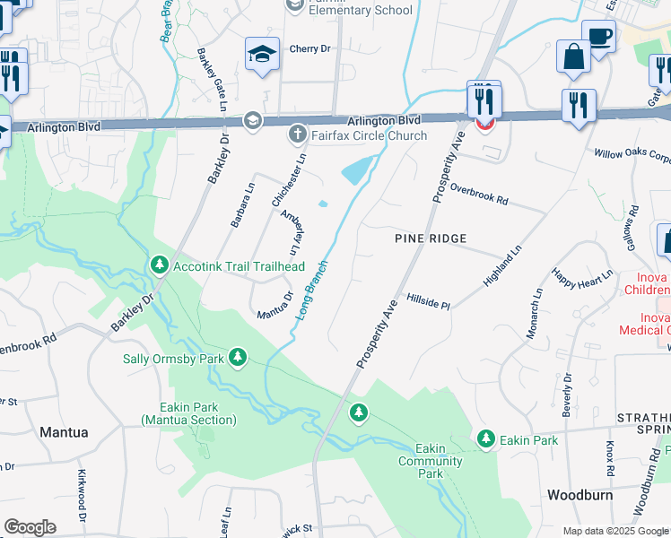 map of restaurants, bars, coffee shops, grocery stores, and more near 3212 Wynford Drive in Fairfax