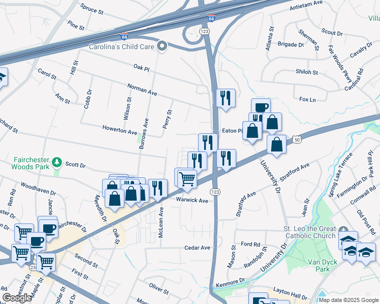 map of restaurants, bars, coffee shops, grocery stores, and more near Azalea Alley in Fairfax