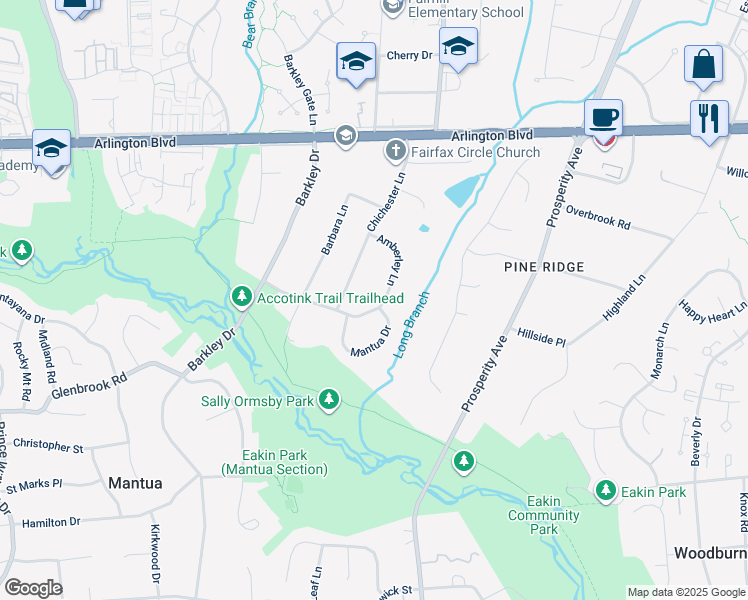 map of restaurants, bars, coffee shops, grocery stores, and more near 3224 Amberley Lane in Fairfax