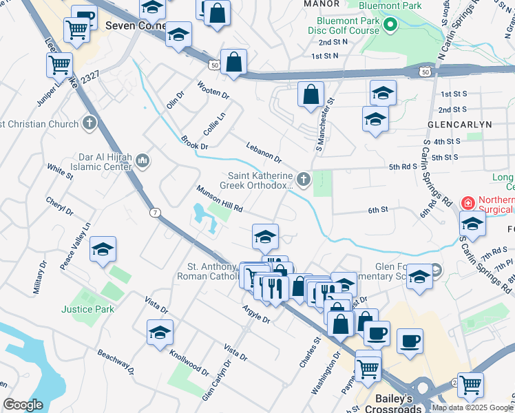 map of restaurants, bars, coffee shops, grocery stores, and more near 3221 Hallran Road in Falls Church