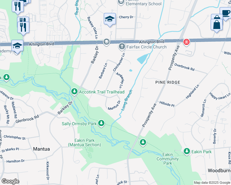 map of restaurants, bars, coffee shops, grocery stores, and more near 3224 Amberley Lane in Fairfax