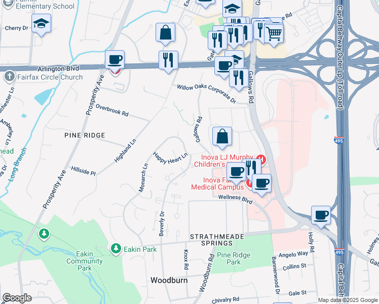 map of restaurants, bars, coffee shops, grocery stores, and more near 3318 Monarch Lane in Annandale
