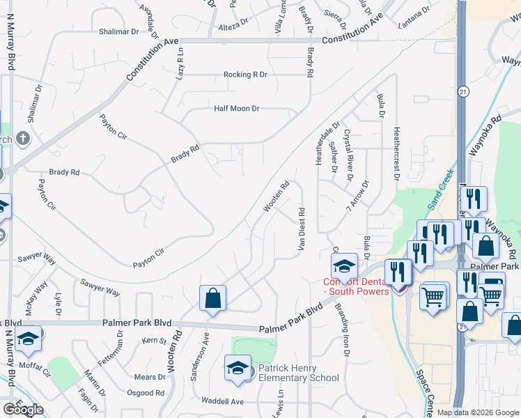 map of restaurants, bars, coffee shops, grocery stores, and more near 1826 Wooten Road in Colorado Springs