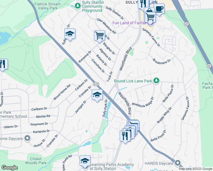 map of restaurants, bars, coffee shops, grocery stores, and more near 14607 Lock Drive in Centreville