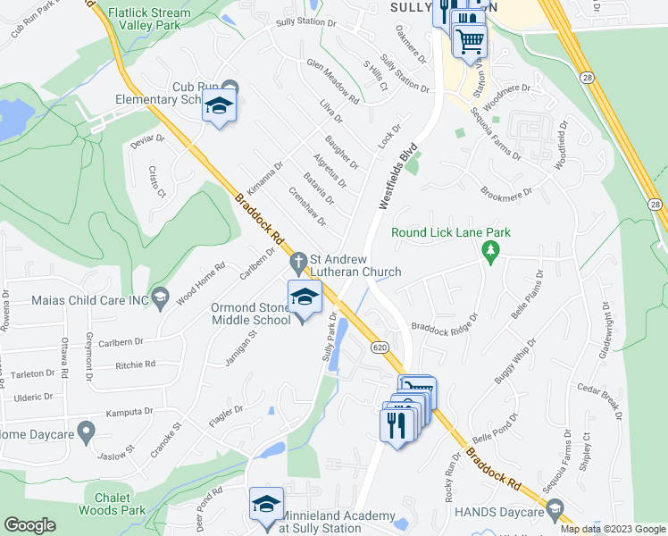 map of restaurants, bars, coffee shops, grocery stores, and more near 14607 Lock Drive in Centreville
