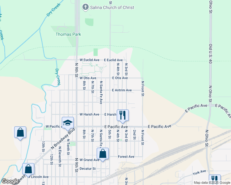 map of restaurants, bars, coffee shops, grocery stores, and more near 1200 N 4th St in Salina