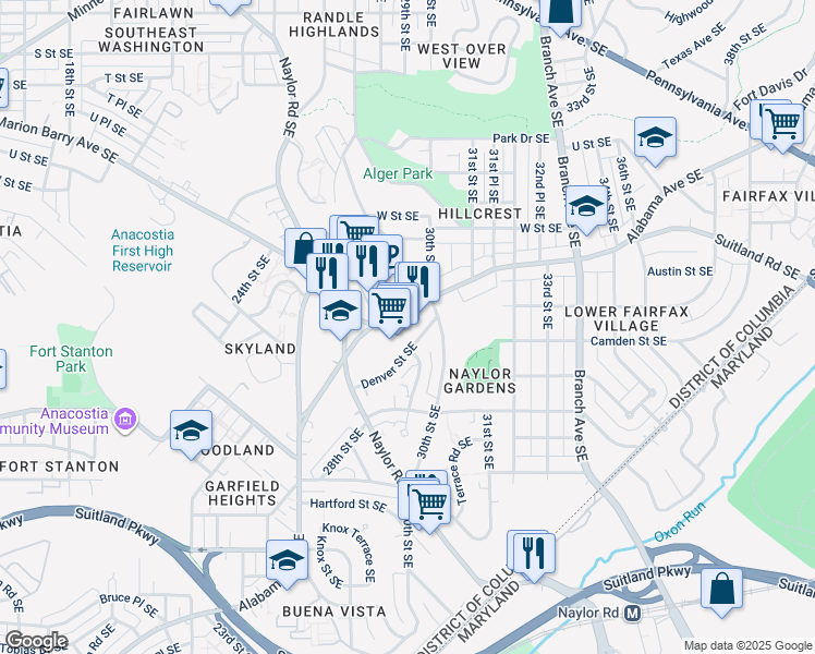 map of restaurants, bars, coffee shops, grocery stores, and more near 2857 Alabama Avenue Southeast in Washington