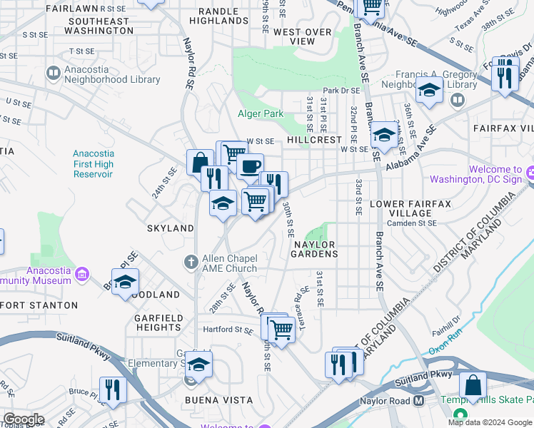 map of restaurants, bars, coffee shops, grocery stores, and more near 2857 Alabama Avenue Southeast in Washington