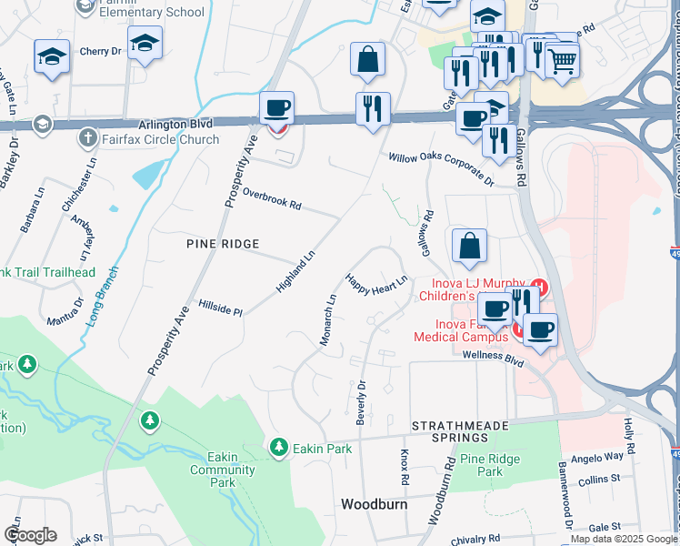 map of restaurants, bars, coffee shops, grocery stores, and more near 3348 Monarch Lane in Annandale