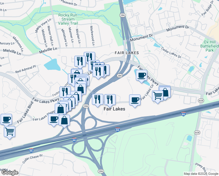 map of restaurants, bars, coffee shops, grocery stores, and more near 12750 Fair Lakes Circle in Fairfax