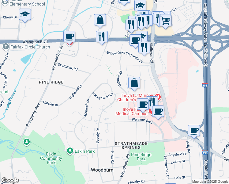 map of restaurants, bars, coffee shops, grocery stores, and more near 3318 Monarch Lane in Annandale
