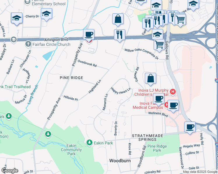 map of restaurants, bars, coffee shops, grocery stores, and more near 3348 Monarch Lane in Annandale