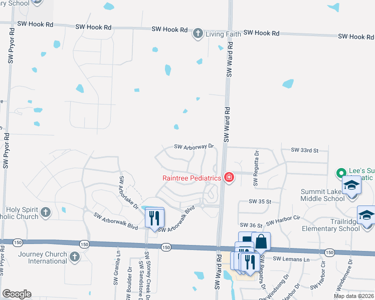 map of restaurants, bars, coffee shops, grocery stores, and more near 1206 Southwest Arborway Drive in Lee's Summit