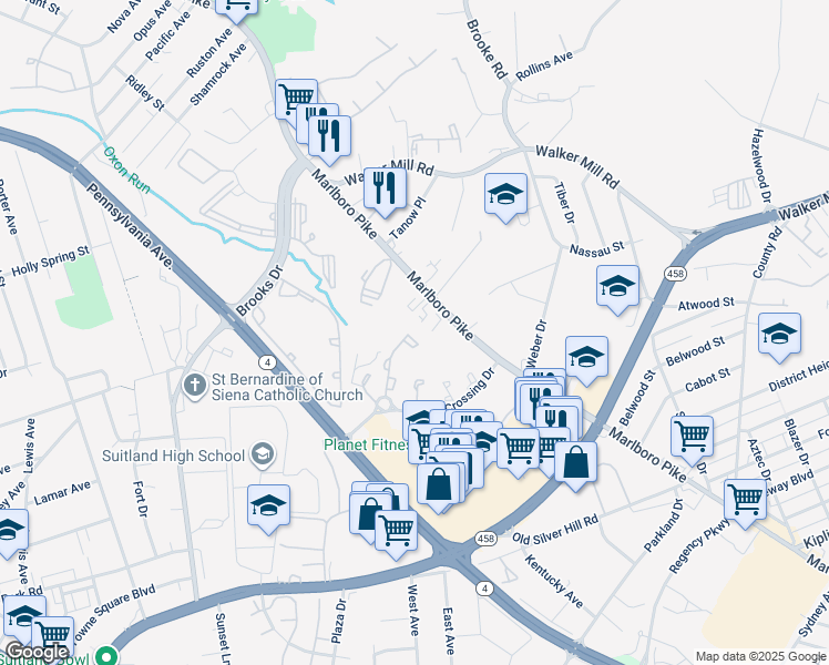 map of restaurants, bars, coffee shops, grocery stores, and more near 2221 Seton Way in District Heights