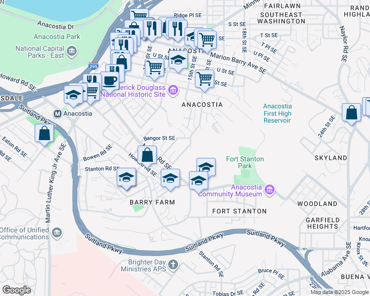 map of restaurants, bars, coffee shops, grocery stores, and more near 2201 Hunter Place Southeast in Washington