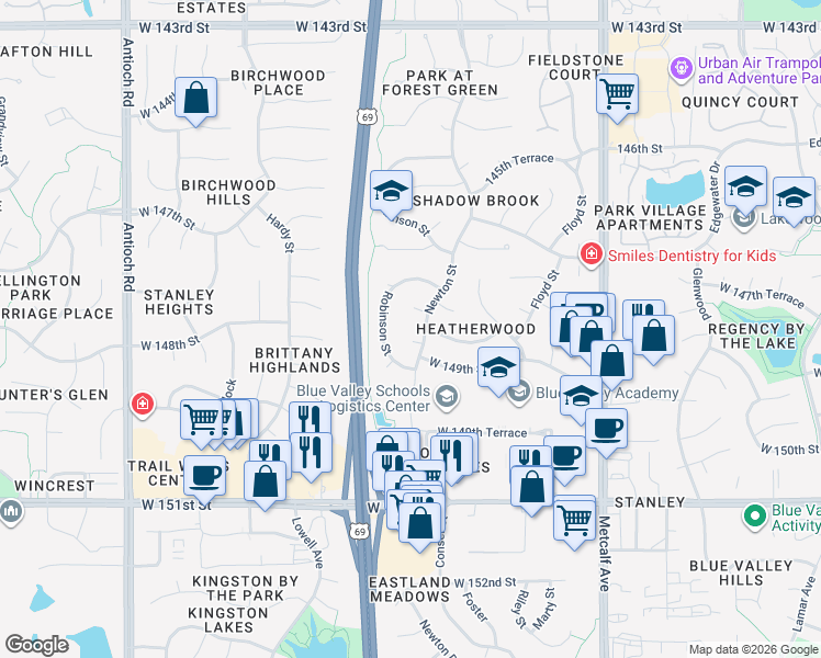 map of restaurants, bars, coffee shops, grocery stores, and more near 14824 Newton Street in Overland Park