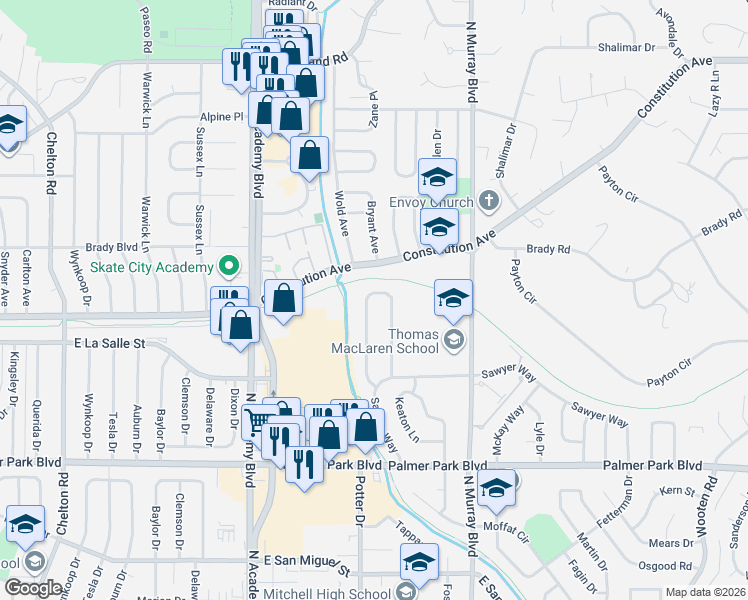 map of restaurants, bars, coffee shops, grocery stores, and more near 1780 Summernight Terrace in Colorado Springs