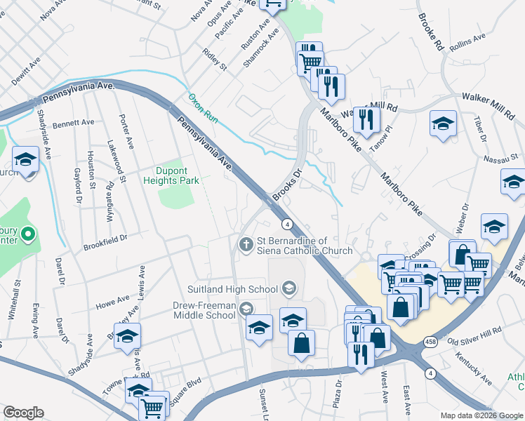 map of restaurants, bars, coffee shops, grocery stores, and more near in Suitland-Silver Hill