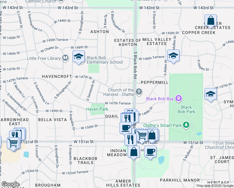 map of restaurants, bars, coffee shops, grocery stores, and more near 14725 South Kaw Drive in Olathe