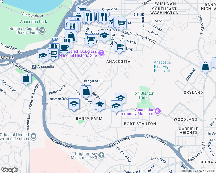 map of restaurants, bars, coffee shops, grocery stores, and more near 2201 Hunter Place Southeast in Washington
