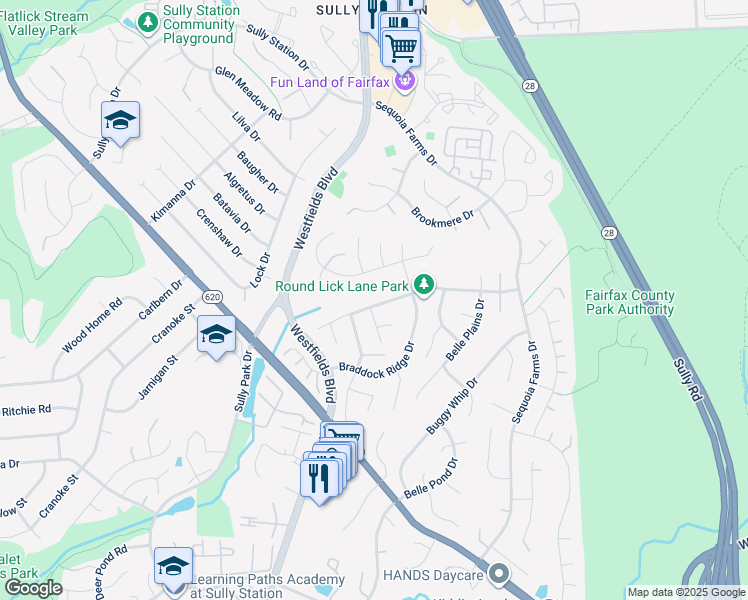map of restaurants, bars, coffee shops, grocery stores, and more near 14410 Round Lick Lane in Centreville