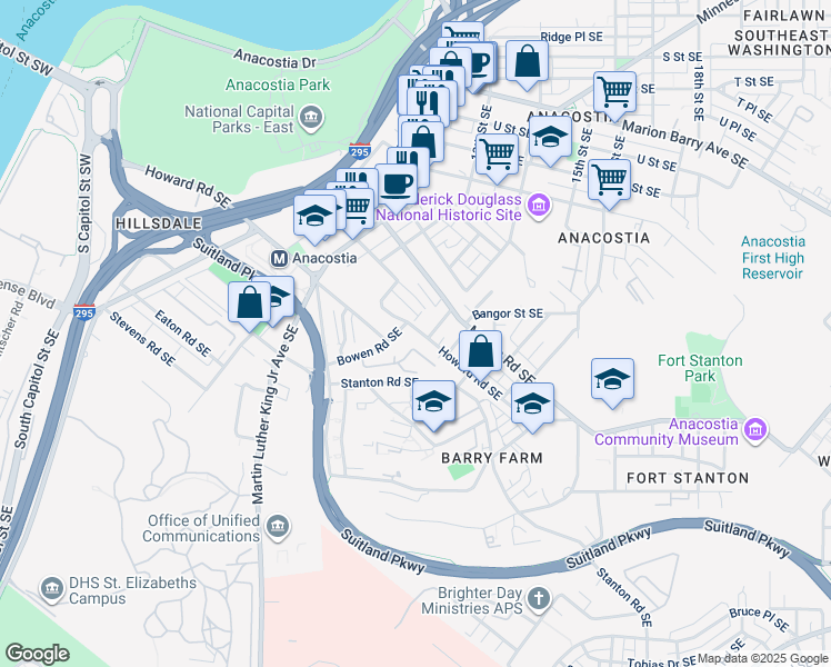 map of restaurants, bars, coffee shops, grocery stores, and more near 1407 Howard Road Southeast in Washington