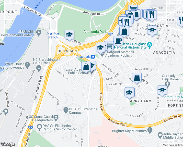 map of restaurants, bars, coffee shops, grocery stores, and more near 2501 Martin Luther King Junior Avenue Southeast in Washington