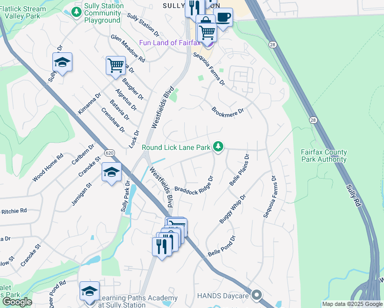 map of restaurants, bars, coffee shops, grocery stores, and more near 14410 Round Lick Lane in Centreville