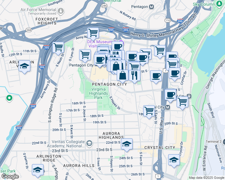 map of restaurants, bars, coffee shops, grocery stores, and more near 730 15th Street South in Arlington