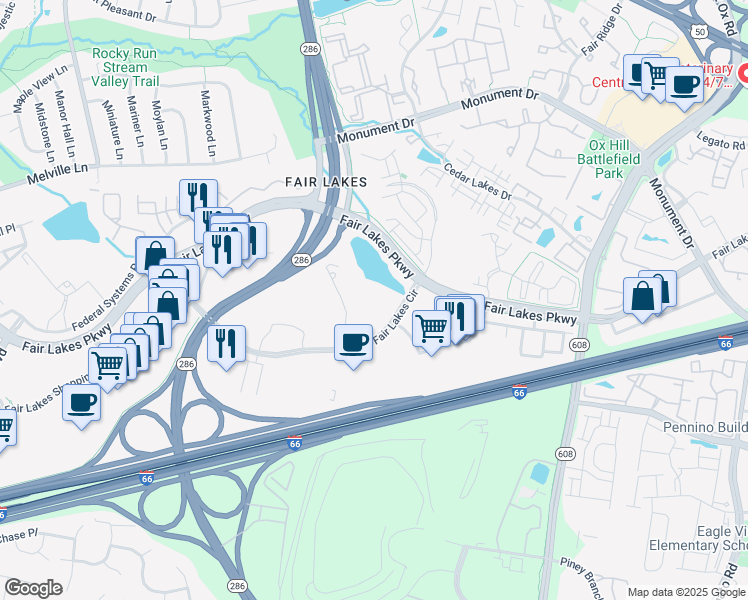 map of restaurants, bars, coffee shops, grocery stores, and more near 12450 Fair Lakes Circle in Fairfax