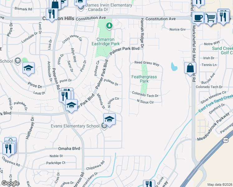 map of restaurants, bars, coffee shops, grocery stores, and more near 7255 Watonga Court in Colorado Springs