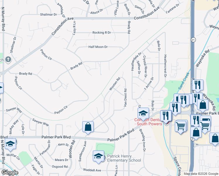 map of restaurants, bars, coffee shops, grocery stores, and more near 1826 Wooten Road in Colorado Springs